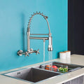 Matte Black Wall-Mounted Kitchen Faucet, Hot and Cold Water Mixer Tap with Pull-Down Spray and 360° Rotation