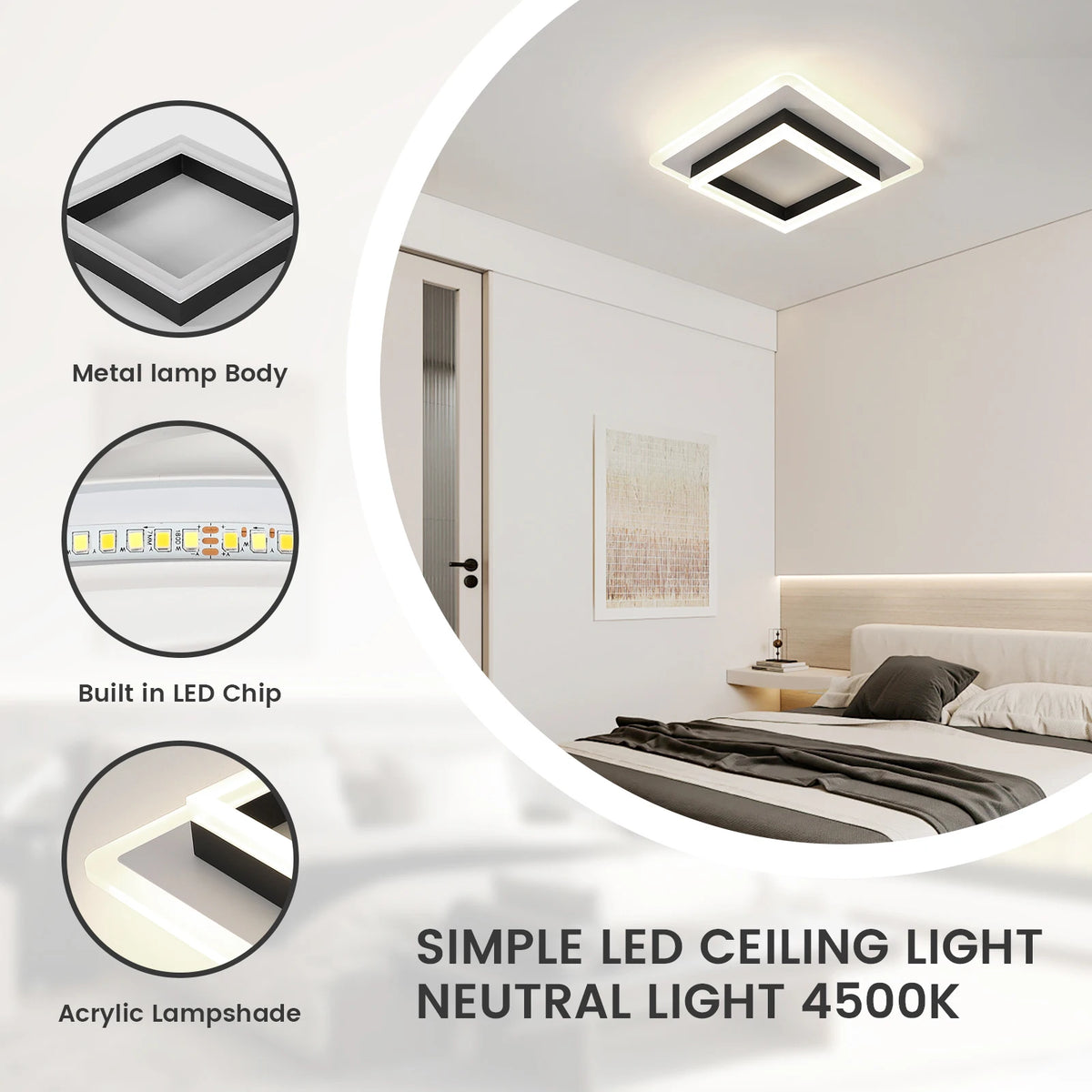 Quadratische LED-Deckenleuchte zur direkten Montage, 30-W-LED-Leuchte für Schlafzimmer, Küche und Eingangsbereich (neutralweiß, 4000 K)