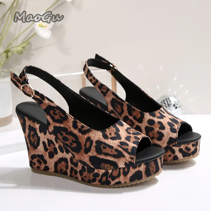 Sandales compensées pour femmes à motif léopard, chaussures à plateforme avec nœud rayé, grandes tailles 35-43, mules à semelle épaisse