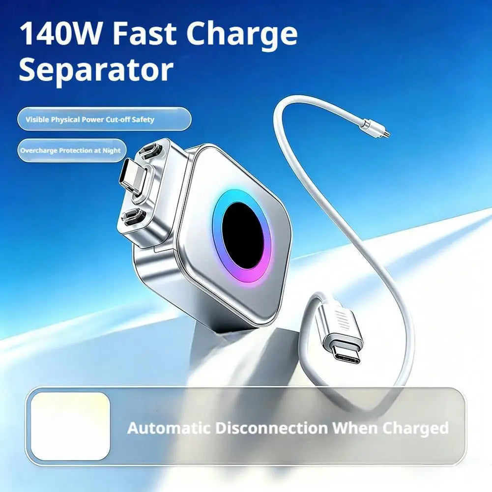 140W Fast Charging Smart Automatic Power-Off Charger Type-C Plug Overcharge Protection Charger Silver LED Light Phone Connector
