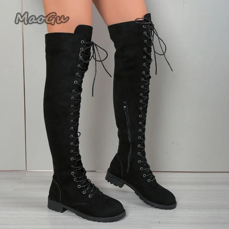 2025 Autumn Winter Women's Knee-High Boots Side Zip Chunky High Heel Long Boots Vintage Suede Front Lace Up Botas Mujer Elegant