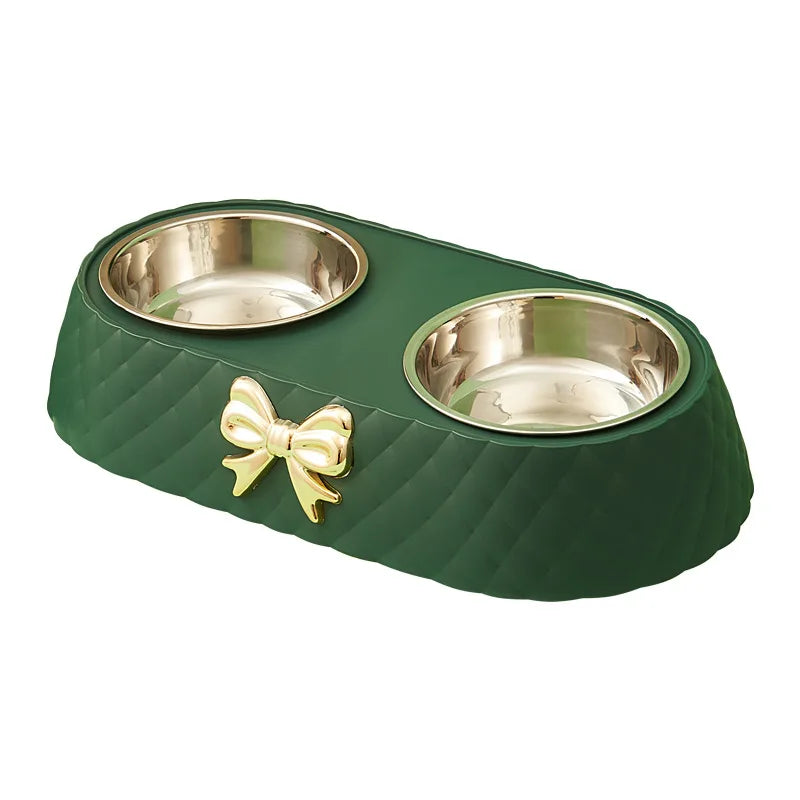 Artículos para mascotas Pajarita Lazo Comida para gatos Cuenco Base de PP Cuenco para perros Acero inoxidable Doble Accesorios para mascotas Comedero Bebedero Doble Cuenco