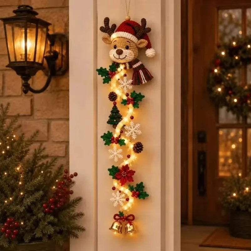 Christmas Door Hanger LED Glowing Handmade Crochet Santa Xmas Tree Bell Ornament Home Wall Front Door New Year Ornaments