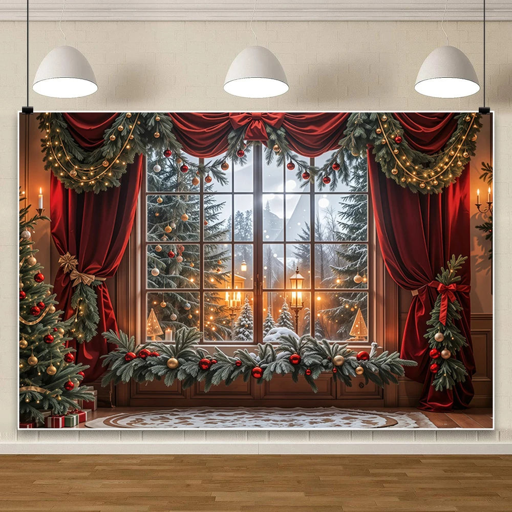 Yeele Christmas Photography Background Red Curtains Wreath Decor Window Xmas Trees Girls Birthday Wedding Party Photo Backdrop