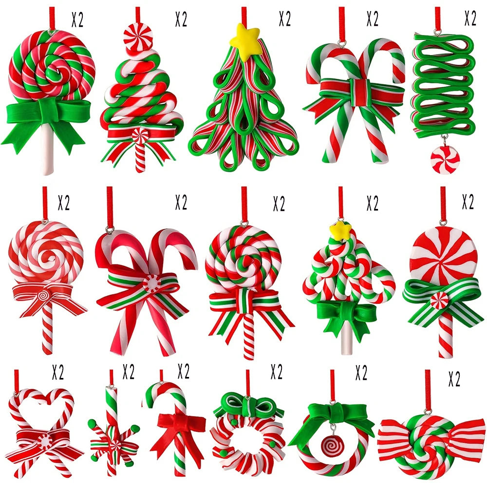 16/32Pcs Christmas Lollipop Ornaments 2D Colorful Wood Candy Cane Hanging Decoration Pendants for Xmas Tree