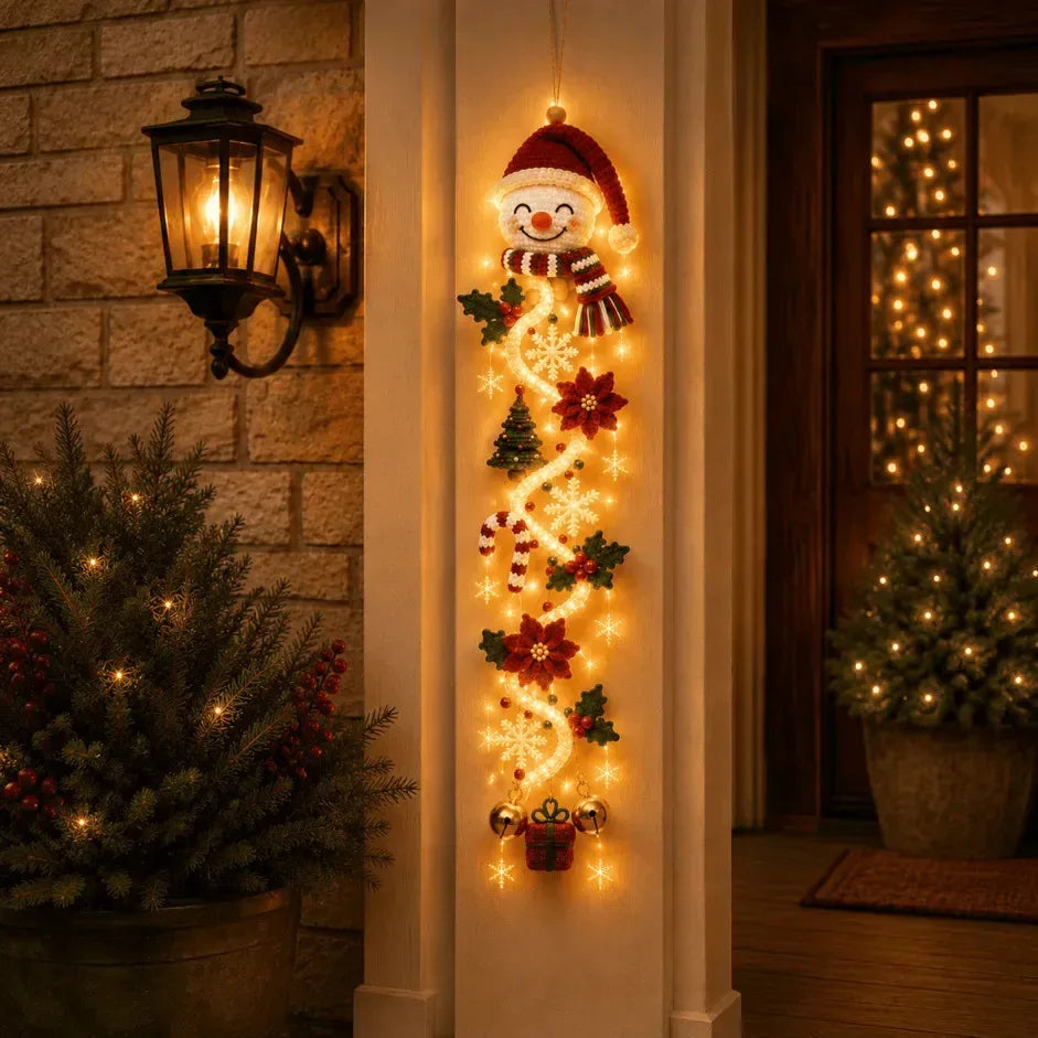 Christmas Door Hanger LED Glowing Handmade Crochet Santa Xmas Tree Bell Ornament Home Wall Front Door New Year Ornaments
