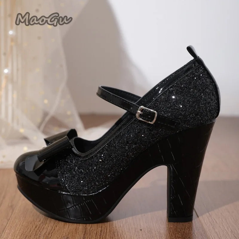 Schwarze Mary-Jane-Plateaupumps mit Glitzer für Damen, Schleife, Blockabsatz, elegante runde Zehenpartie, Knöchelriemen, Partyschuhe, Größe 43