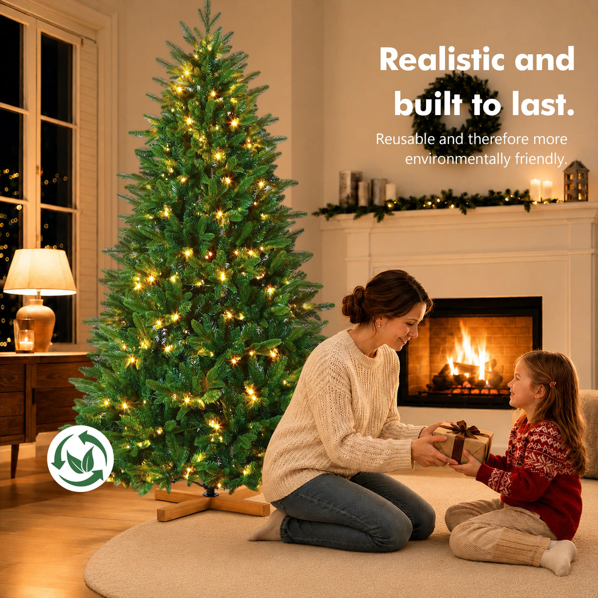 PVC+PE Artificial Christmas Tree 180/210cm, 940/1209 Branch Tips, 300/400 Warm White LEDs, Realistic 3D PE+PVC Fir Tree with Wooden Stand, Indoor Xmas Decoration