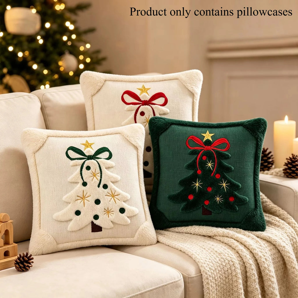 3D-Jacquard-Kissenbezug mit Winterplüsch und gestickter Schleife und Stern, Weihnachtsdekoration, 45 x 45 cm, Geschenk zu Weihnachten und Neujahr
