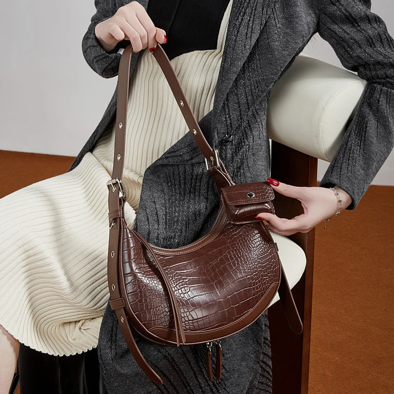 BURMINSA Vintage Croc Embossed Genuine Leather Crescent Shoulder Bag Women Half Moon Underarm Purse Going Out Crossbody Handbags