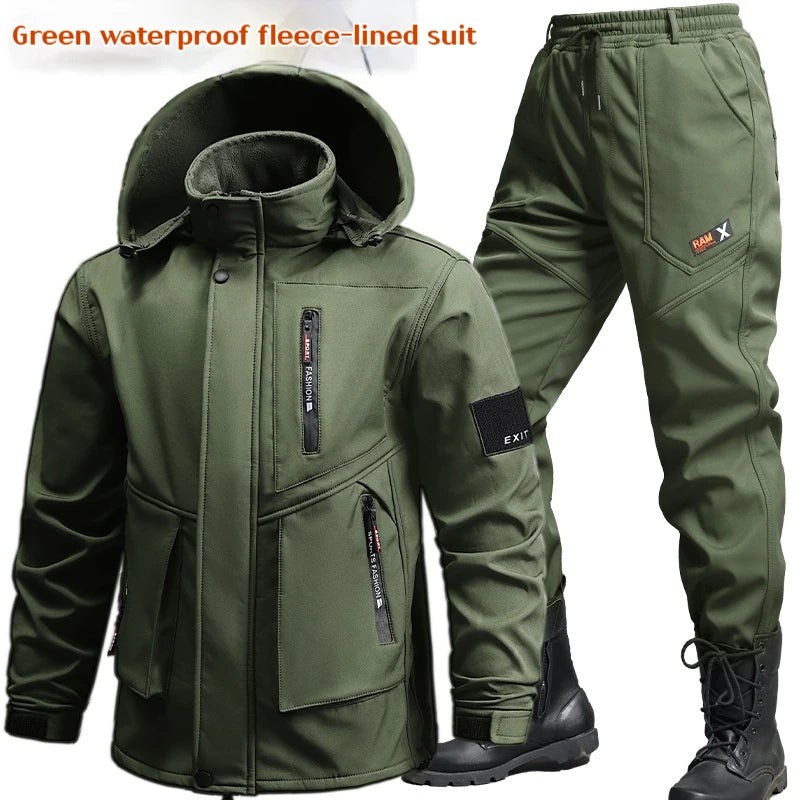 Men’s Winter Workwear Set, Thickened Waterproof Jacket and Pants, Windproof Outdoor Two-Piece Suit for Men
