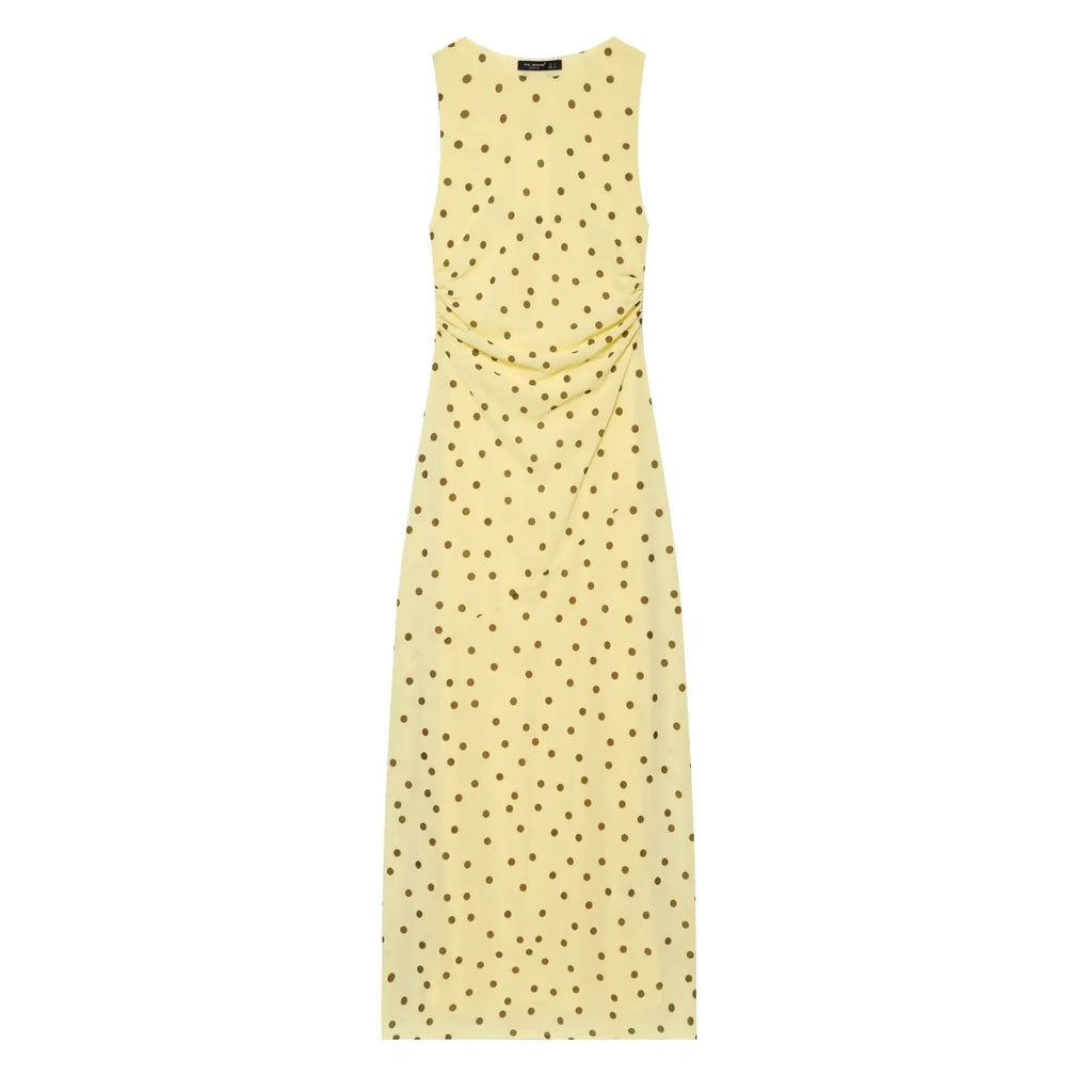 BSAY 2026 Women's Yellow Polka Dot Maxi Dress Sleeveless Crew Neck Waist Ruched Elegant Long Dress Summer Casual Party Dresses