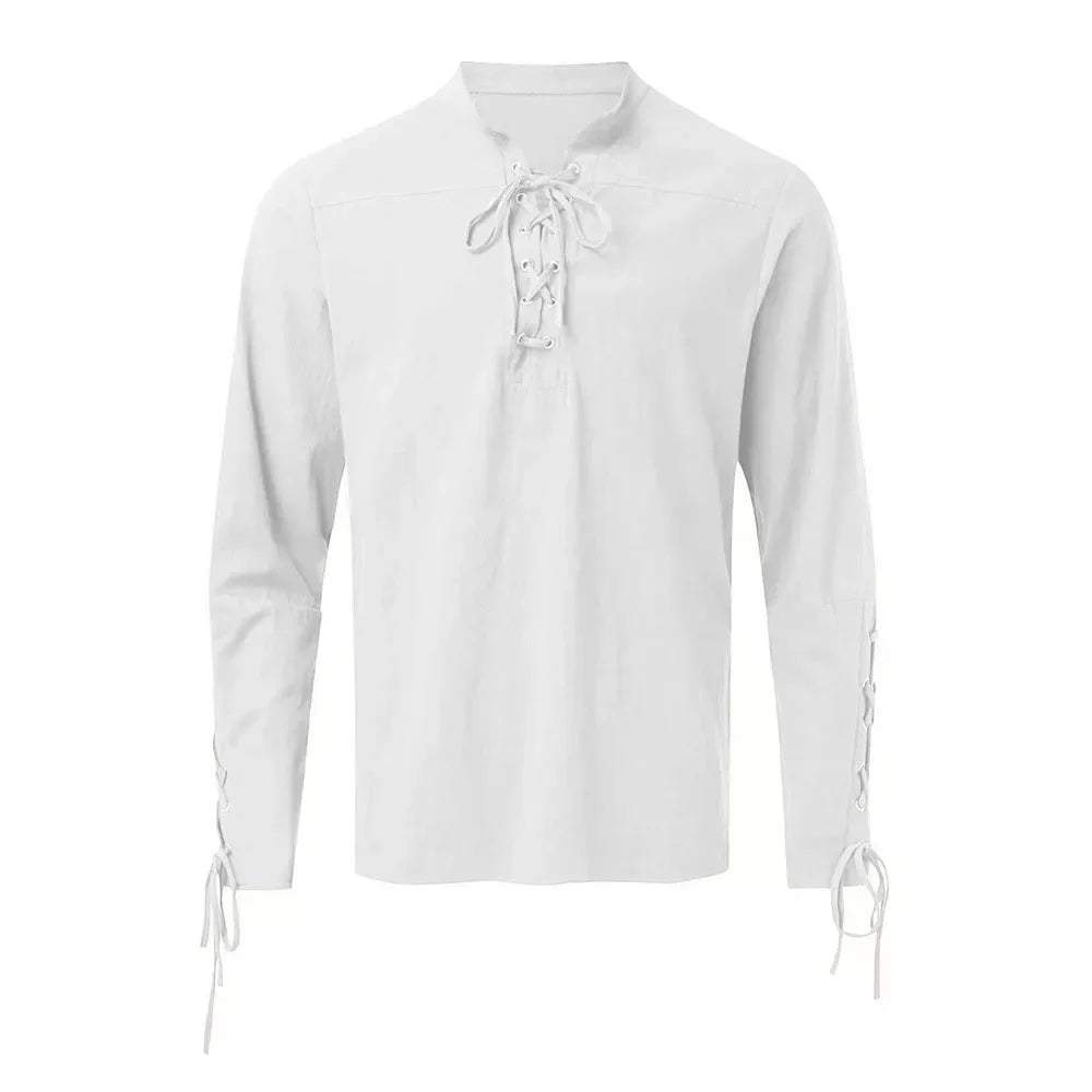 Autumn New Cotton Shirts for Men Costume Beach Tops Drawstring Design Shirt Male Loose Casual Streetwear Long Sleeve Shirt