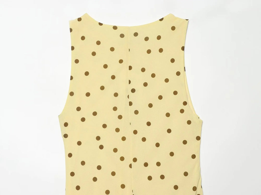 BSAY 2026 Women's Yellow Polka Dot Maxi Dress Sleeveless Crew Neck Waist Ruched Elegant Long Dress Summer Casual Party Dresses