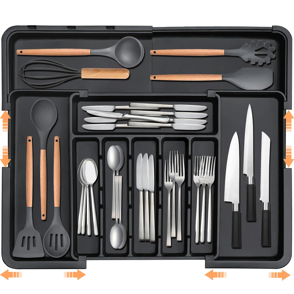 Organisateur de couverts extensible, organiseur de tiroir pour ustensiles de cuisine, grand plateau réglable pour couverts, noir
