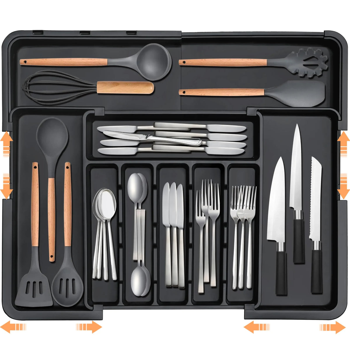 Organisateur de couverts extensible, organiseur de tiroir pour ustensiles de cuisine, grand plateau réglable pour couverts, noir