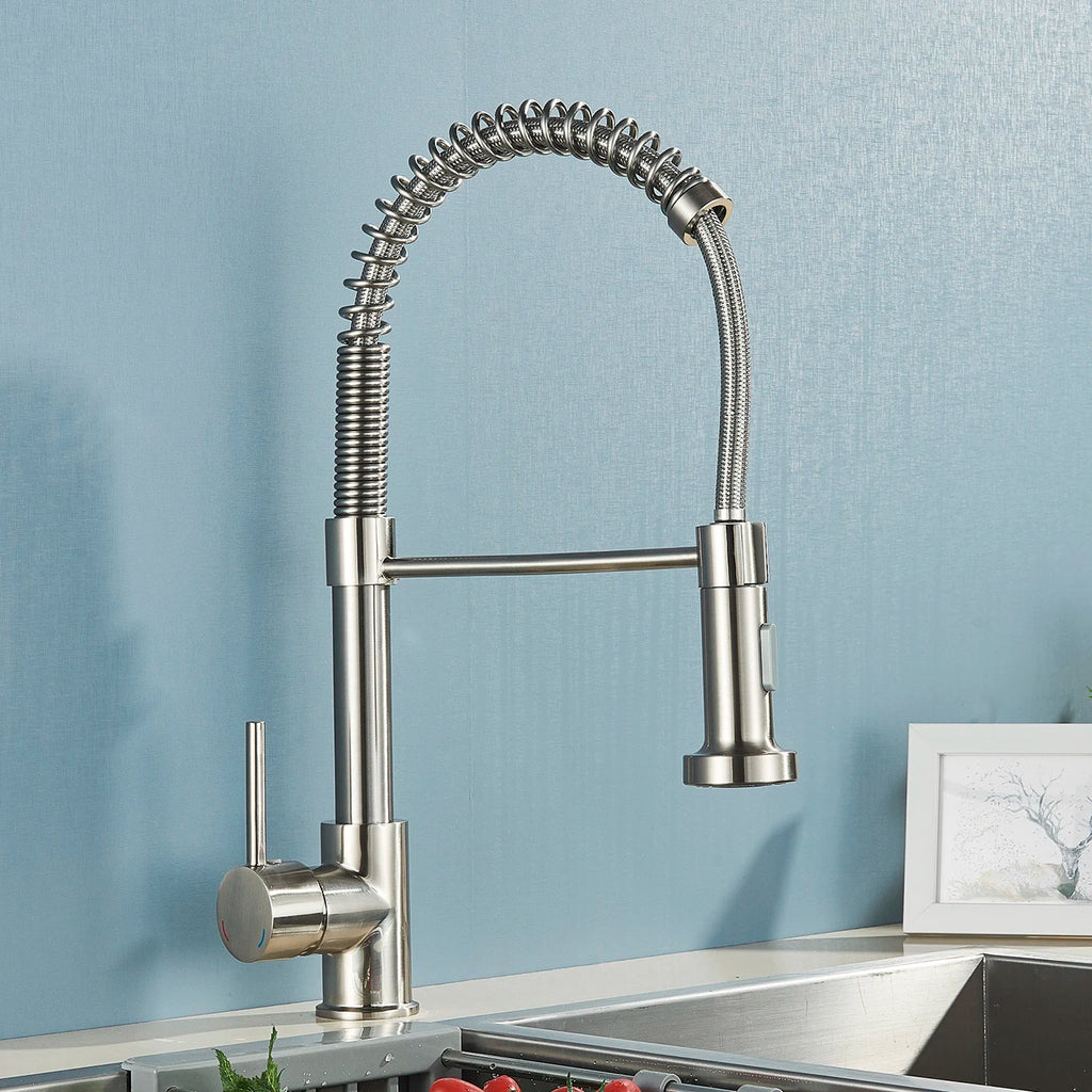 Grifo de cocina de níquel cepillado/negro, monomando, de arco alto, con rociador extraíble y manivela, en acero inoxidable