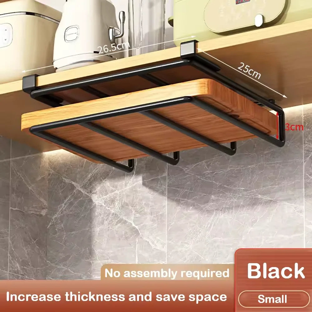 Organizador de cocina para debajo del armario con ganchos, estante de almacenamiento multiusos para toallas de papel, tabla de cortar y tapas de ollas