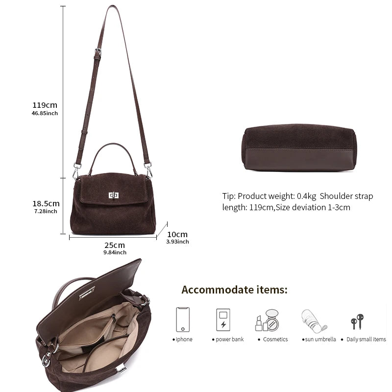 Women's Handbag Genuine Leather Luxury Designer Shoulder Bags Natural Suede Leather Crossbody Bag Commuting Messenger Bag Lady