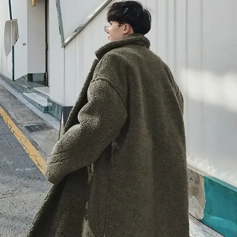 Lamb wool big thickened long coat men's winter particle wool large size padded jacket Hong Kong style unisex warm windbreaker