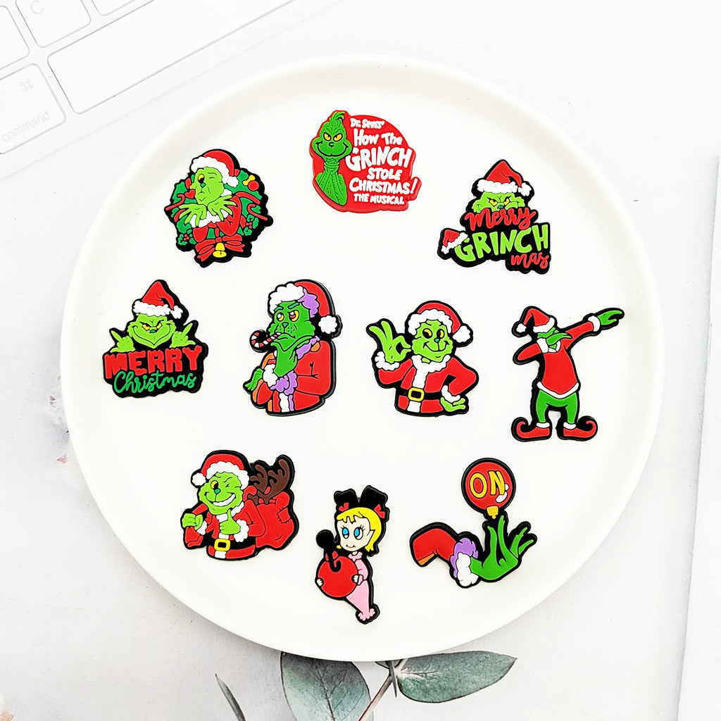 9-22Pcs Christmas Green Cartoon Shoes Charms Cartoon Clog Sandal Garden Shoe Decoration Accessorie Buckles Kids Party Gifts