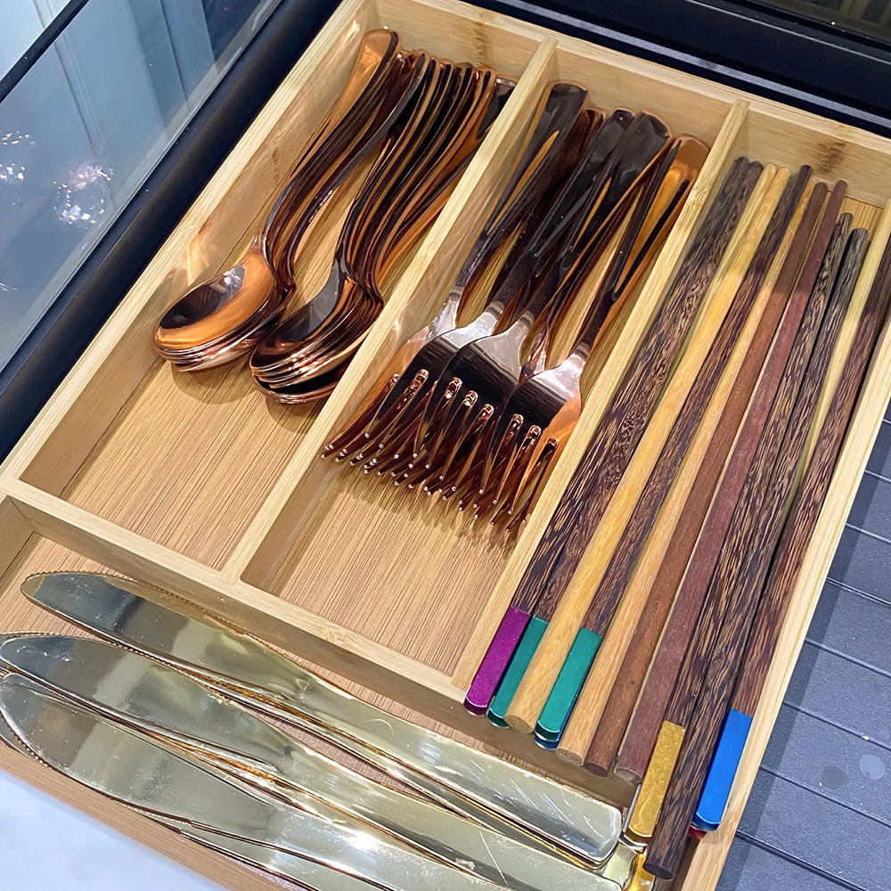 Bandejas organizadoras de cubiertos de bambú, estante de almacenamiento, organizador de cajones de cocina, elegante y ordenado, accesorios para el hogar