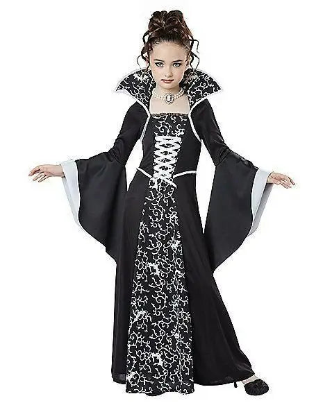 Costume d’Halloween pour enfants, costume de vampire fantastique pour filles, robe longue en tulle, tenue de carnaval gothique à plumes