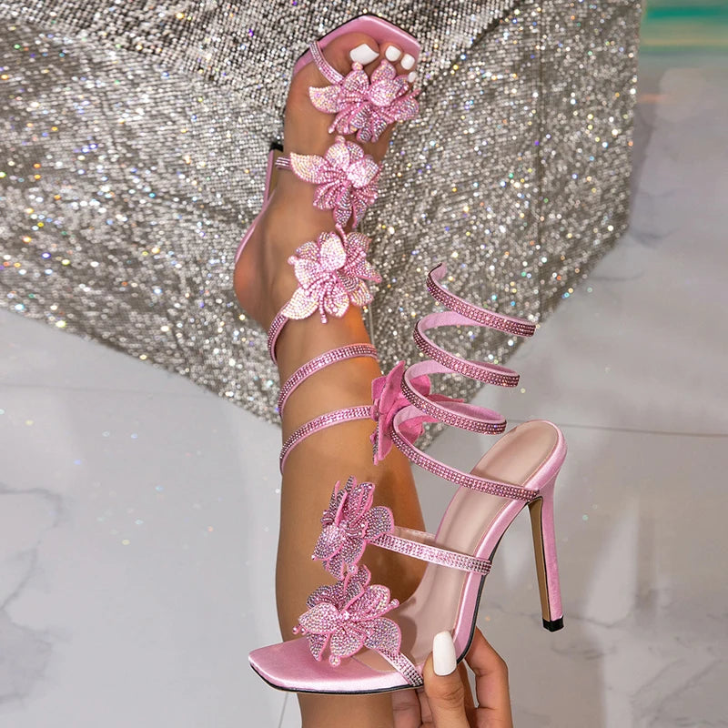 Sandali donna Liyke rosa con fiori e fascia a spirale