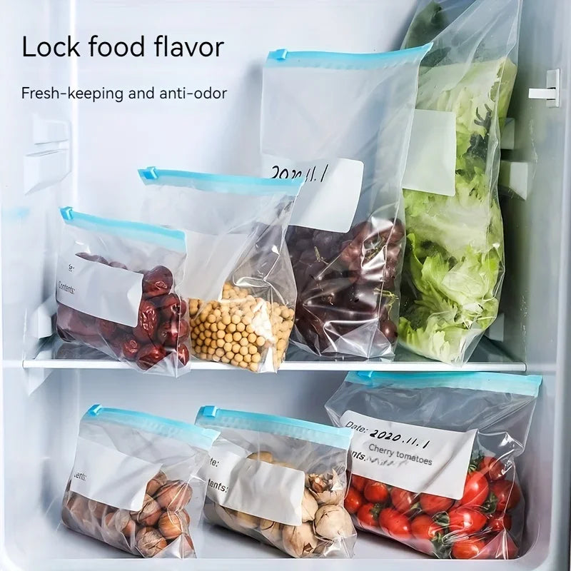 45 PCS Sacs de congélation réutilisables en plastique avec fermeture zippée, poches autoportantes pour fruits, légumes et aliments de cuisine, organiseurs de rangement