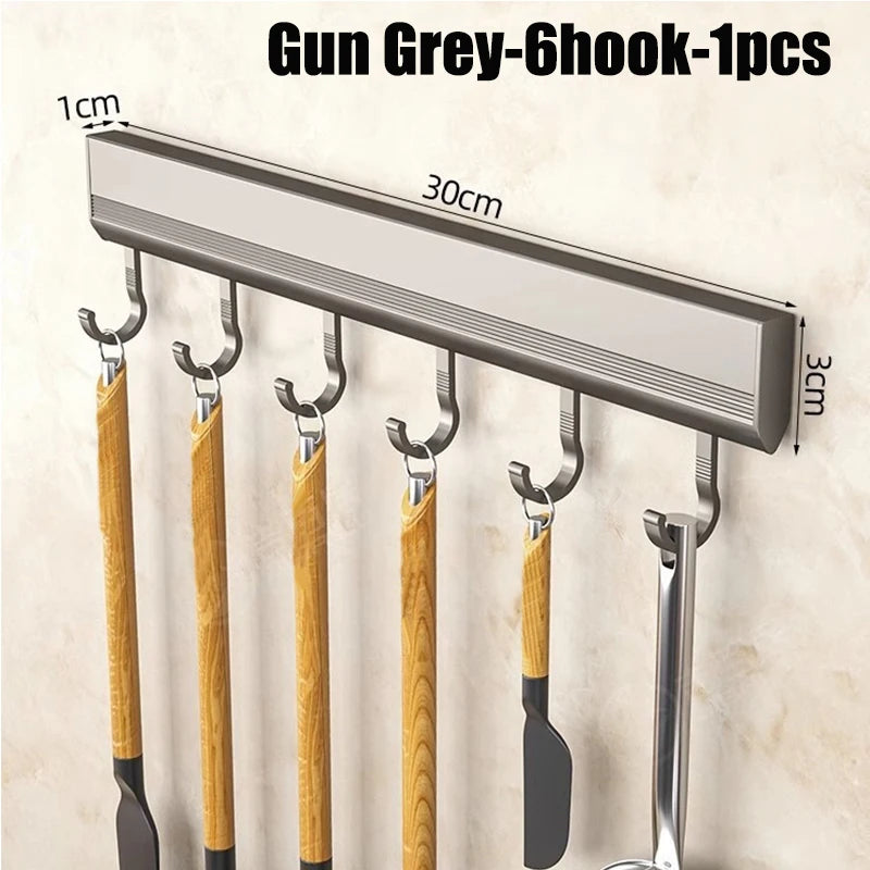 Estante de almacenamiento de cocina de aleación de aluminio con ganchos, montado en la pared, para utensilios de cocina, batas y toallas