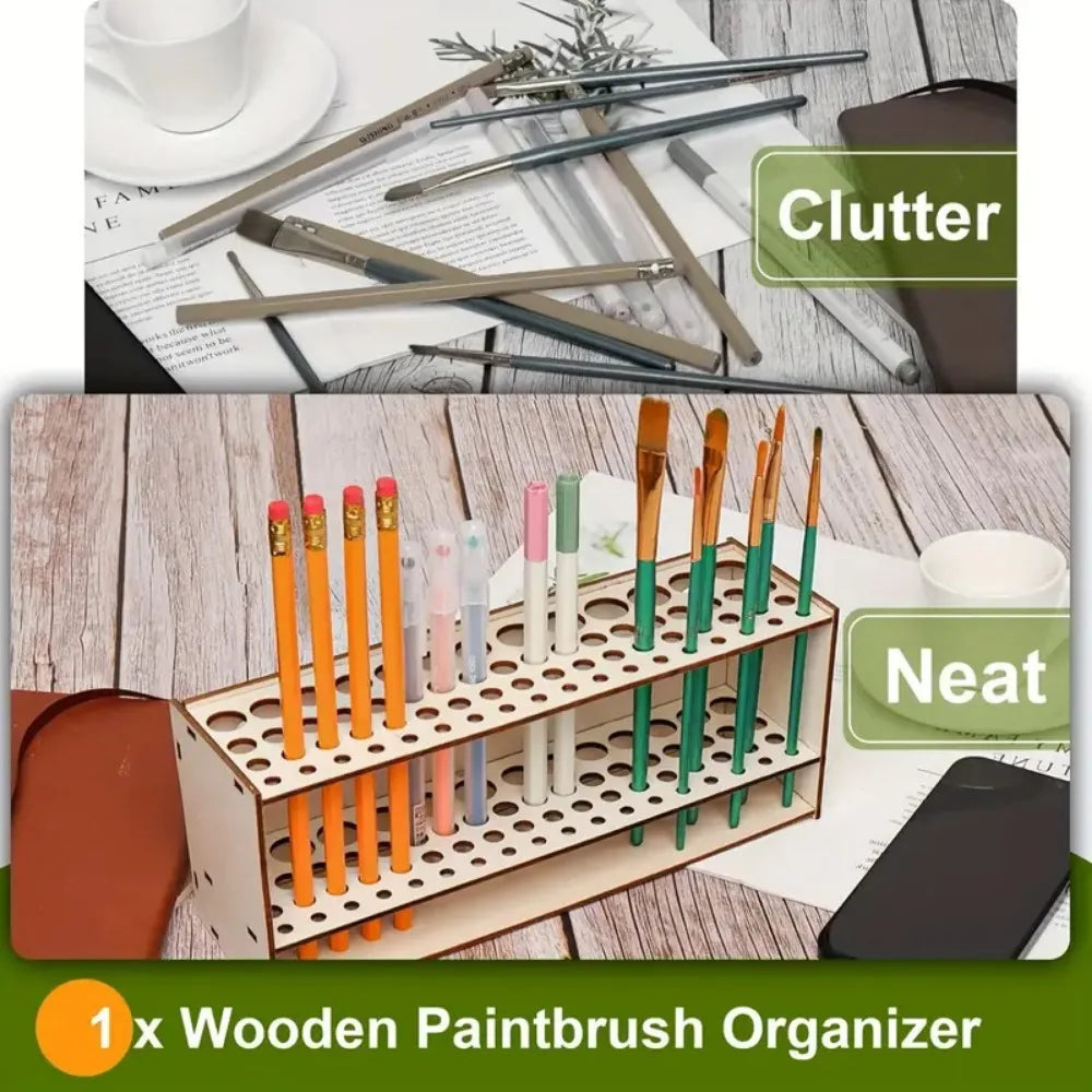 Wooden Artist Brush and Pencil Holder, 67 Slots