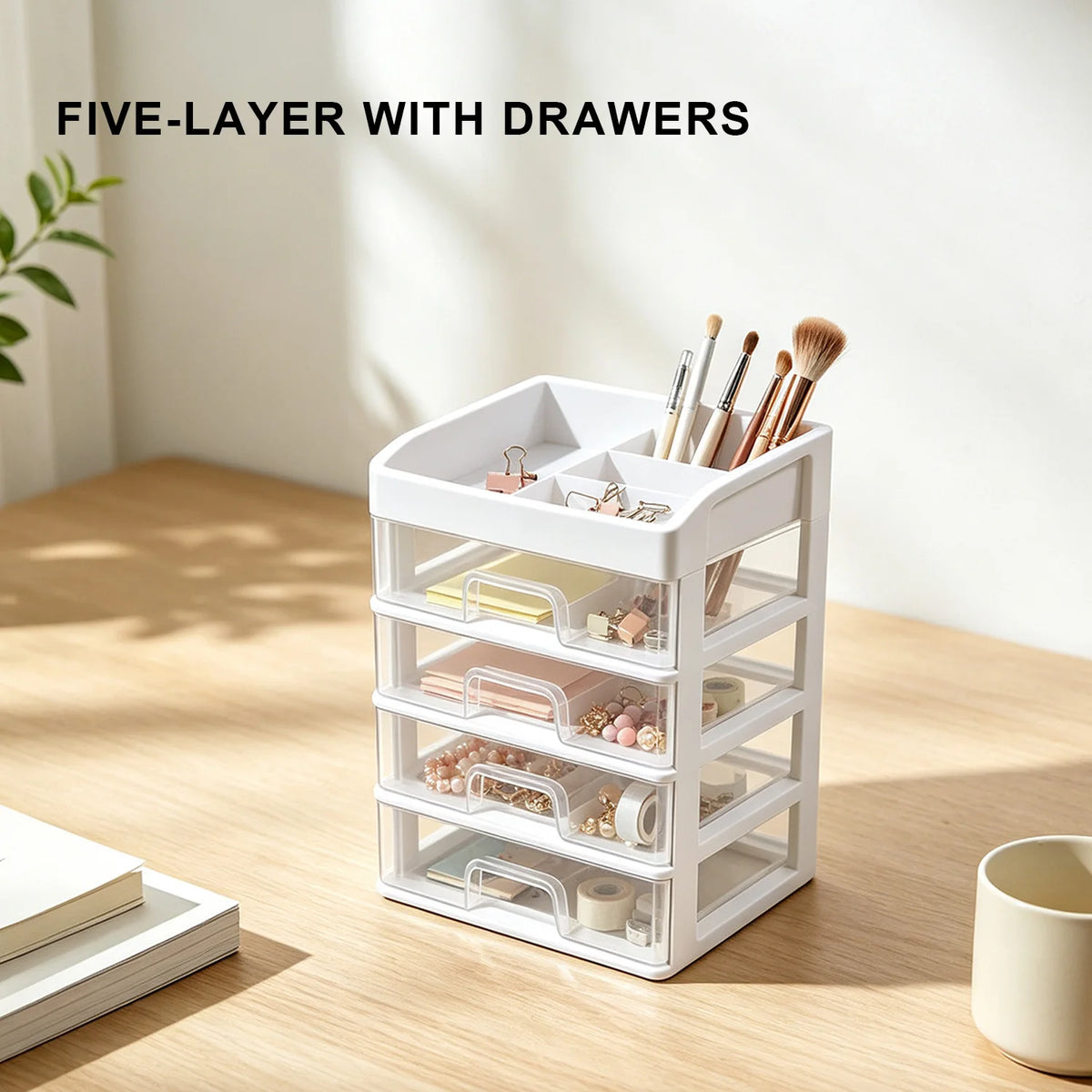 30x21.5x15.5CM White Cosmetic Storage Box with 4 Drawers and 6 Compartments Desktop Makeup Organizer for Jewelry Lipstick Brushes Large Opening Drawer Handle Fixing Clip Multi Function Skincare Office Bathroom Desk Tidy Space