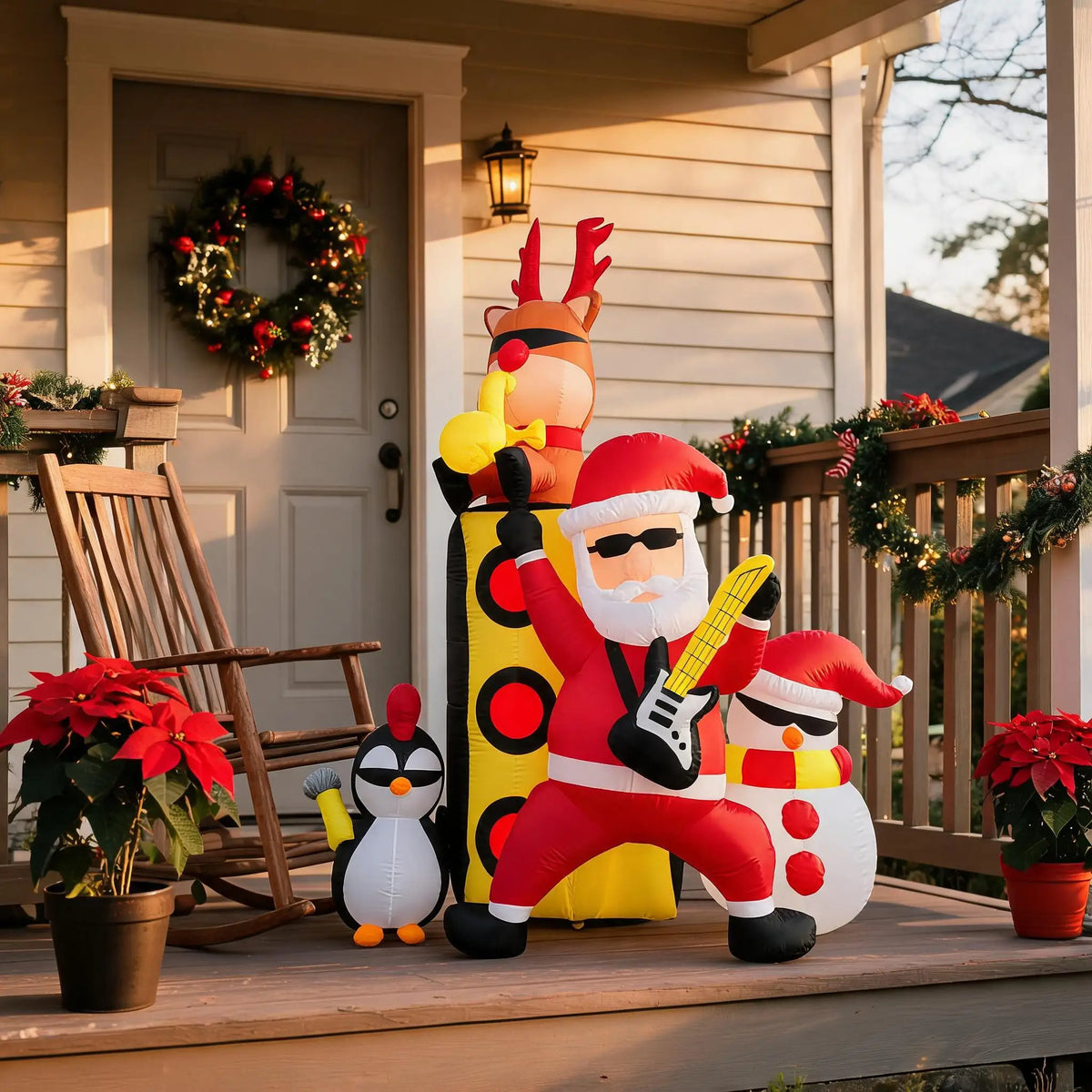 Christmas Inflatable Yard Decoration Santa with Drum Band Outdoor Holiday Lawn Inflatable Set Group Scene Snowman Penguin Reindeer Built In Fan LED Lights Waterproof Polyester Holiday Decor Supplies