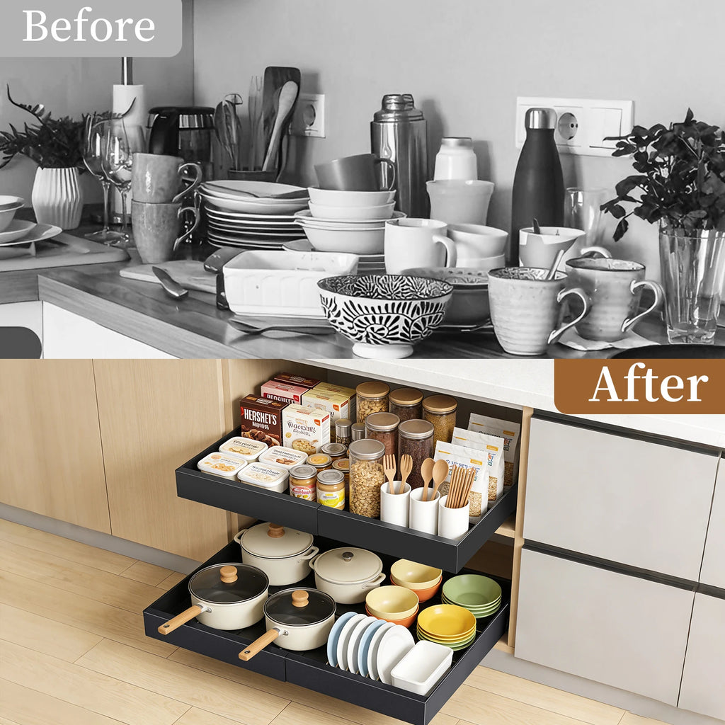 Ausziehbarer Schrankorganizer aus Karbonstahl, verstellbares Ausziehregal mit 31–51 cm Breite, platzsparender Regaleinsatz für Küchenschränke, Speisekammer und Badezimmer