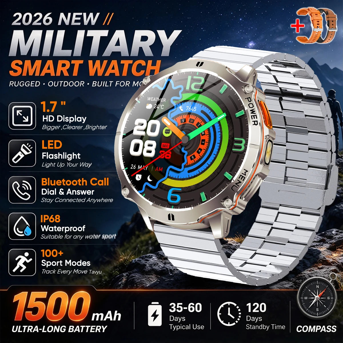 Military T-Rx6 Smartwatch,1.7'AMOLED Screen,150 Day Battery,IP68 Waterproof,Metal,120 Fitness Modes,Flashlight,For Men Women New