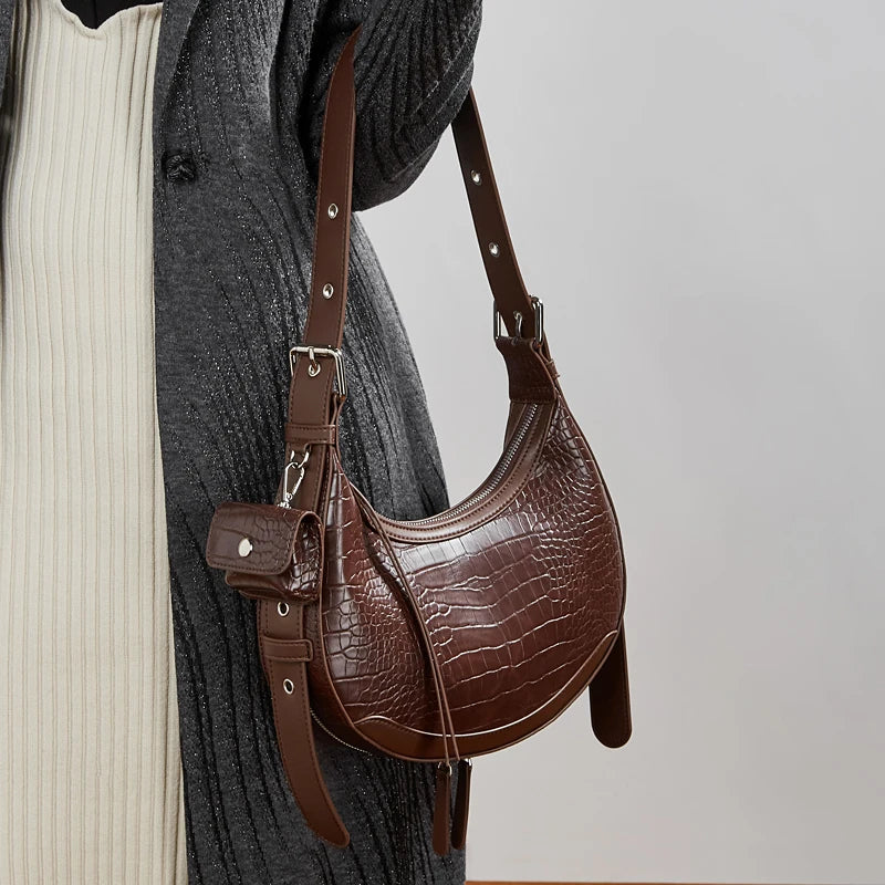 BURMINSA Vintage Croc Embossed Genuine Leather Crescent Shoulder Bag Women Half Moon Underarm Purse Going Out Crossbody Handbags