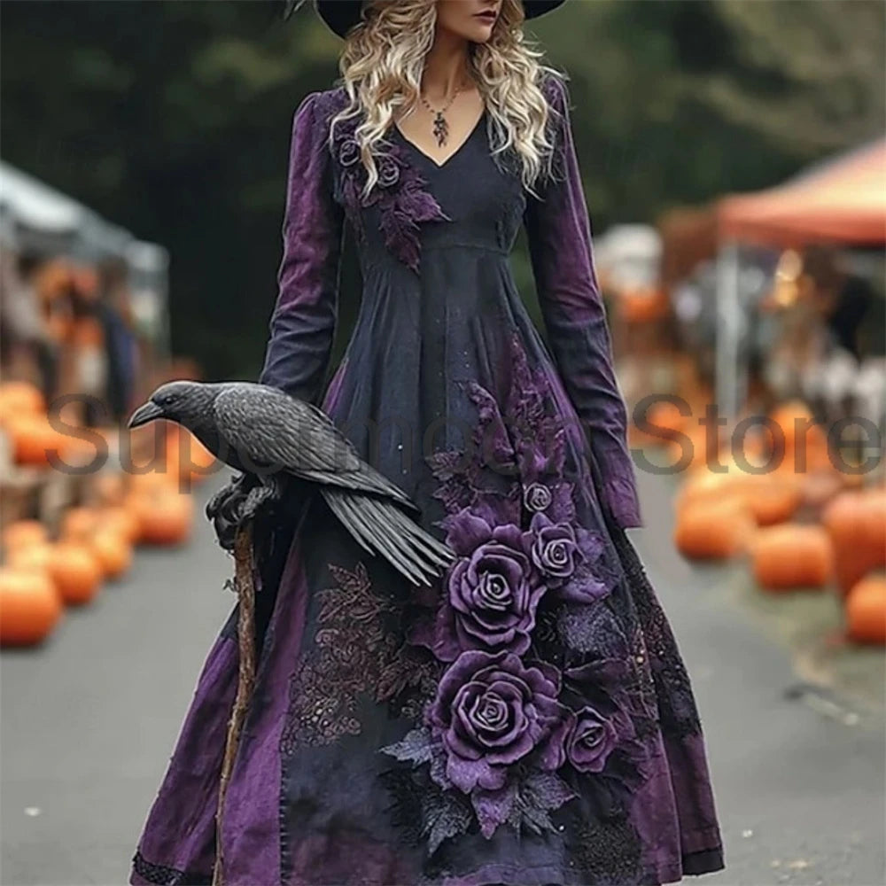 Abito di Halloween da donna con stampa rose viola