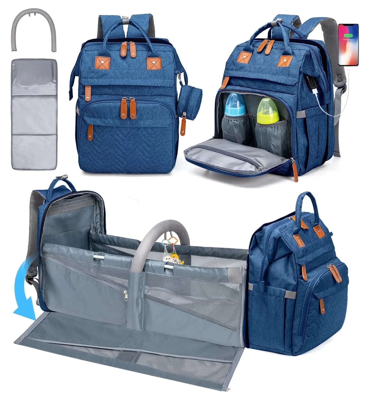 3 In 1 Diaper Bag Backpack Foldable Baby Bed Waterproof Travel Bag with USB Charge Diaper Bag Backpack with Changing Bed 3 Types