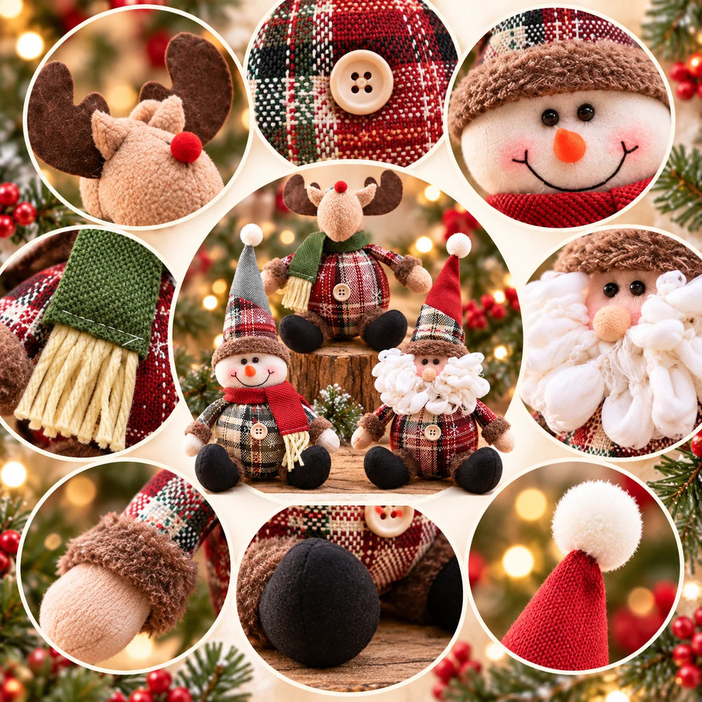 Decorative Christmas figurines: reindeer, Santa Claus, and snowman
