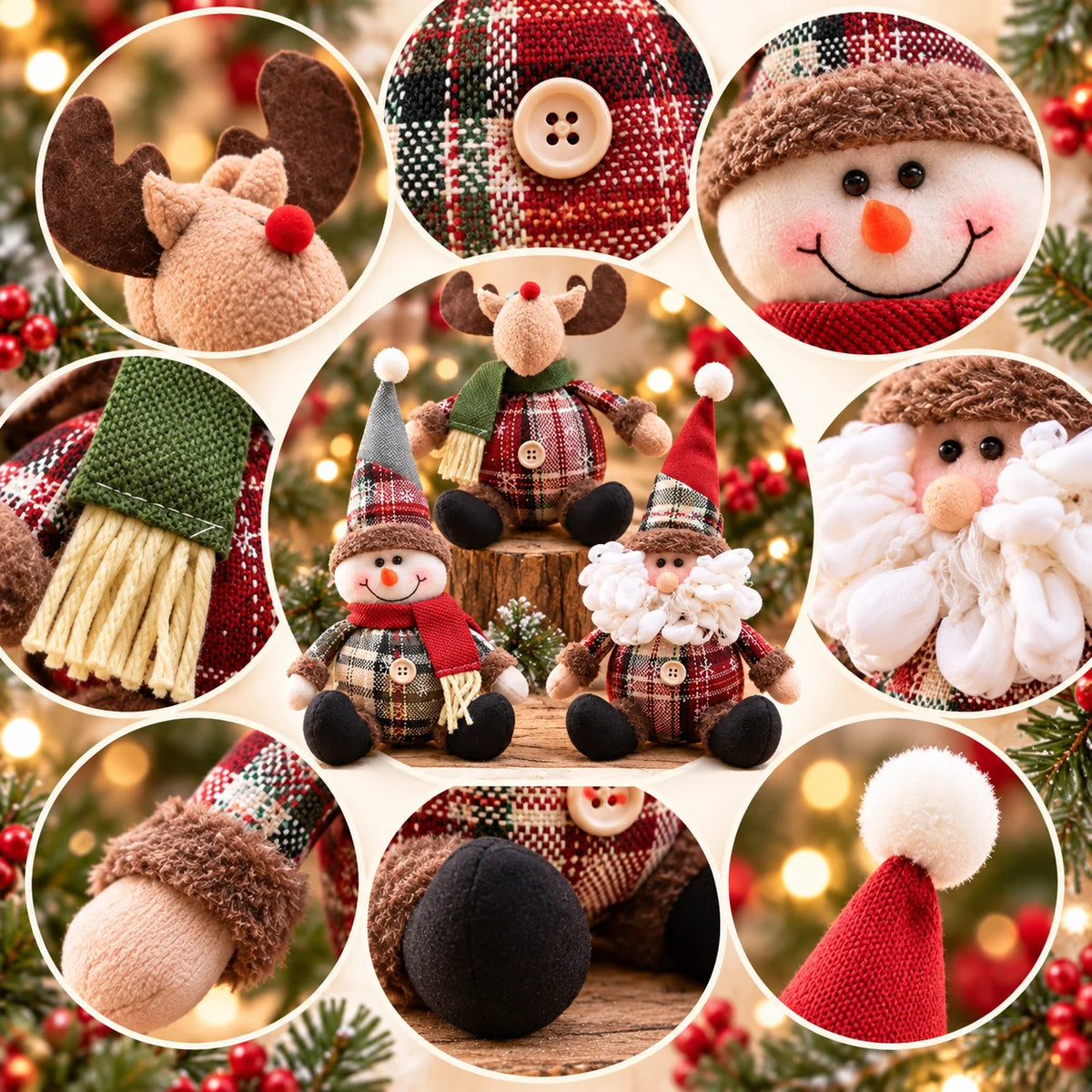 Decorative Christmas figurines: reindeer, Santa Claus, and snowman