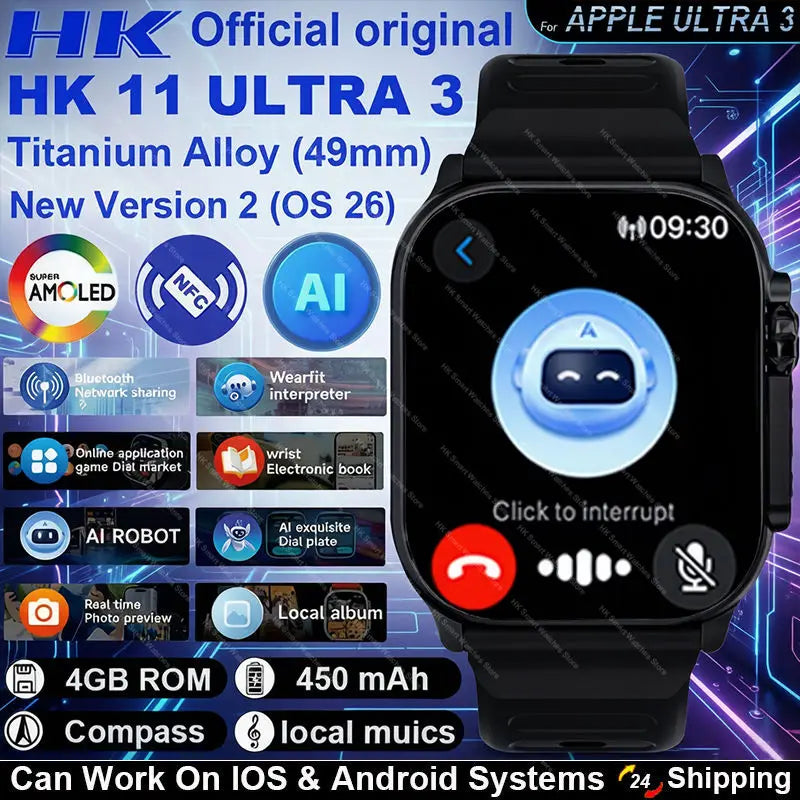 2026New Genuine HK11 ULTRA 3 Max Smartwatch 49mm AMOLED 4G ROM AI Robot Bluetooth Network Call Clock NFC Compass Smart Watch Men