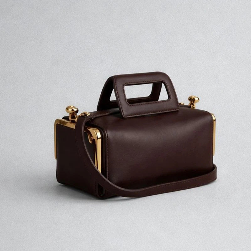 Alirattan 2026 New Arrival Women Black Retro Handle Handbag, Luxury Designer Gold Hardware Structured Shoulder Crossbody Bag