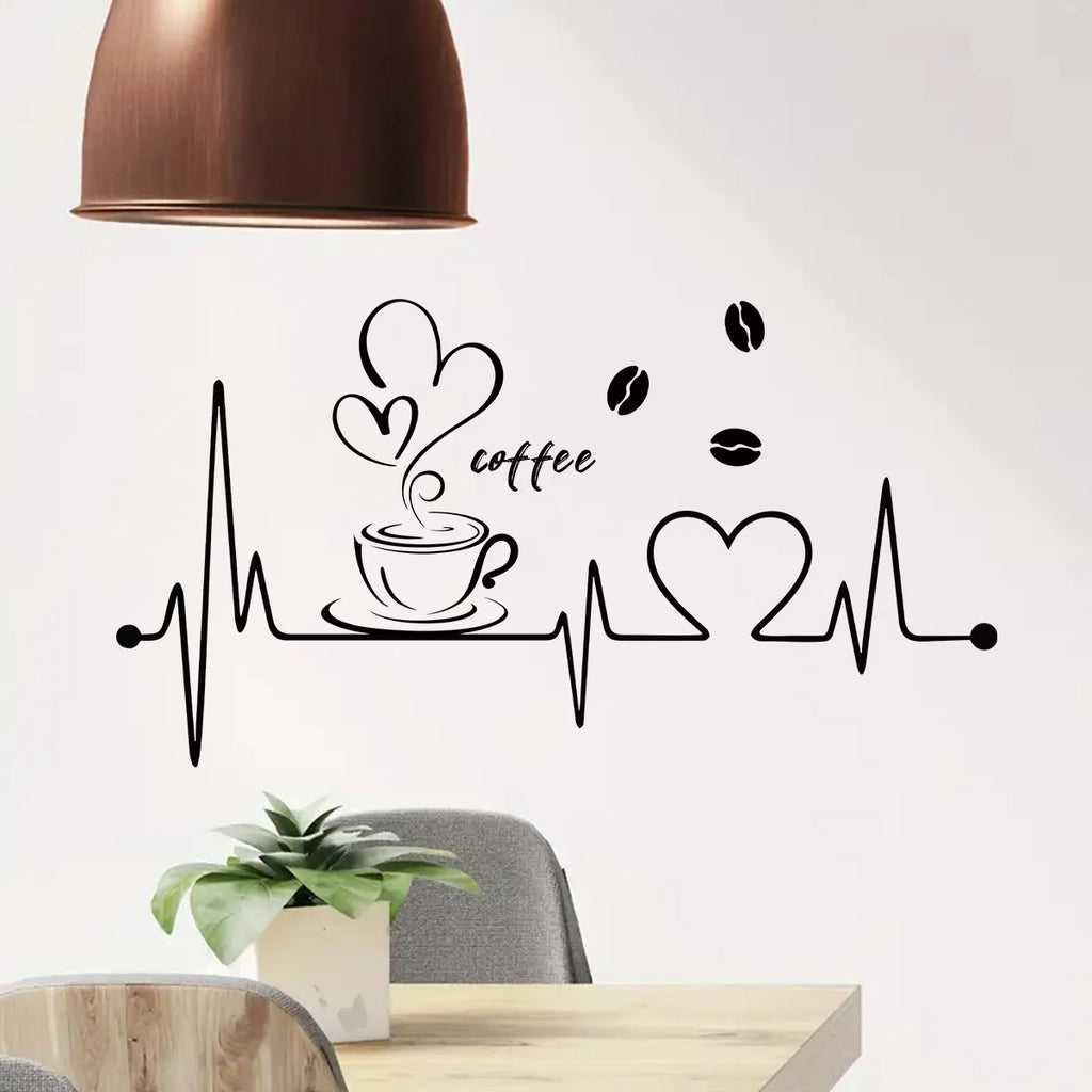 1 Stück PVC-Wandaufkleber, abnehmbar, für Wohnzimmerdekoration, Schlafzimmer, Café, „Liebe Kaffee“-EKG-Muster, Wanddekal, Küchendekoration