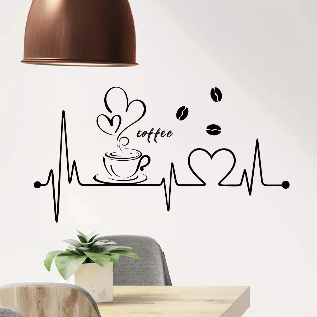 1pcs PVC Removable Wall Stickers for Living Room Decor Bedroom Coffee Shop Love Coffee ECG Pattern Wall Decal Kitchen Decoration