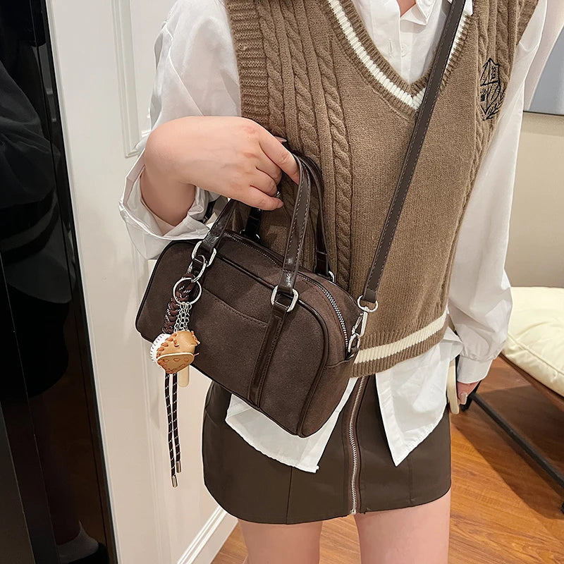 Mini Boston Top-handle Bags For Women PU Suede Pure Color Shoulder Crossbody Bag With Base Ball Pendant 2025 New Luxury Handbags