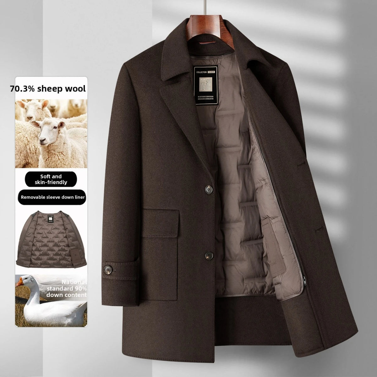 2025 Winter New Men's High End Wool Coat with 70% Wool Content, Down Inner Tank Thickened Warmth, Medium to Long Business Coat