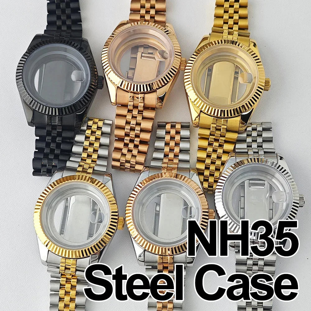 36/41mm Sapphire Glass For Men Watch Case Fit NH36 NH34 NH35 Movement Fashion Waterproof Jub President Stainless Steel Strap