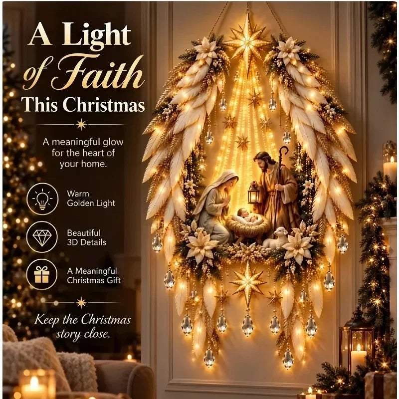 Decoración navideña de Belén* Estrella de la Fe* Adorno luminoso de nacimiento para pared Adorno colgante de Navidad resplandeciente Luces LED Decoración de interior Fiesta