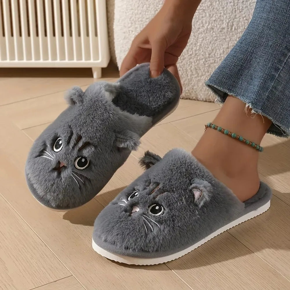 Women's Fuzzy Cat Slippers Winter Warm Cozy Indoor House Shoes With Soft Non-Slip EVA Sole Cute Animal Design For Home Use
