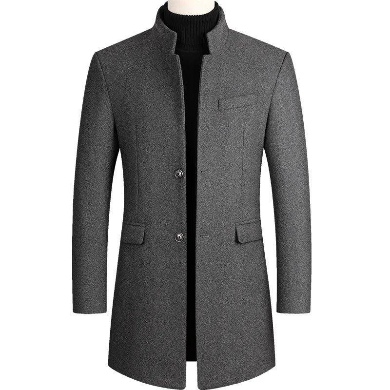 Men's Winter Wool Trench Coats—long, Warm Jackets for Business and Casual Wear, Available in Burgundy, Gray, Blue, and Black.